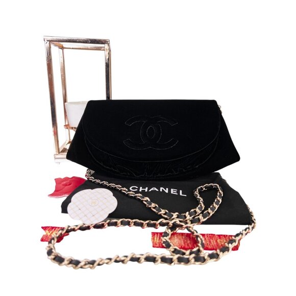 CHANEL  Half Moon  Black Velvet Leather Wallet on Chain Clutch Shoulder Bag Auth - Picture 10 of 16